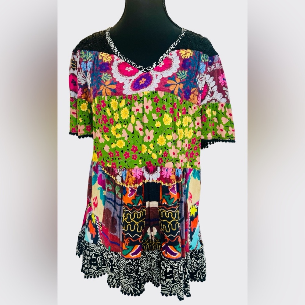 Ivy Jane Multicolor Floral Patchwork Blouse with Flowy Sleeves, XS